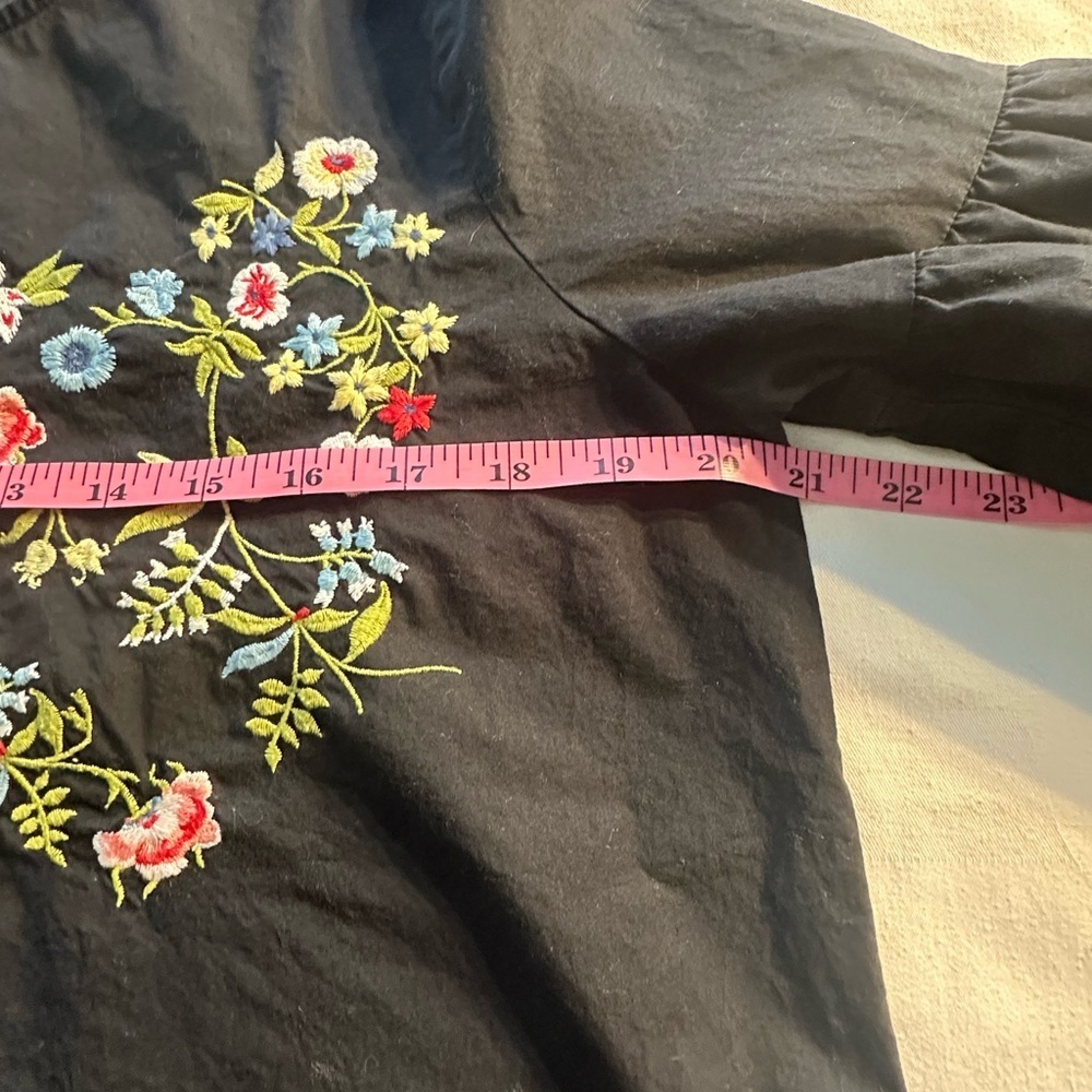 LOFT Black Blouse with Colorful Floral Embroidery & Bell Sleeves Sz Medium - Picture 11 of 11